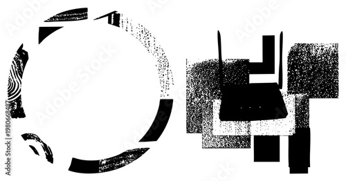 Stylized black vector forms featuring halftone dots, fragmented circular elements, and blocky geometric shapes, modern graphic art, isolated foreground elements.