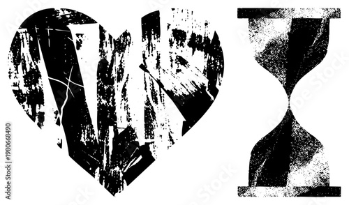 Cracked heart and hourglass symbol rendered in gritty halftone style, graphic, abstract emotional timepiece, vintage distressed textures, symbolic vector illustration.