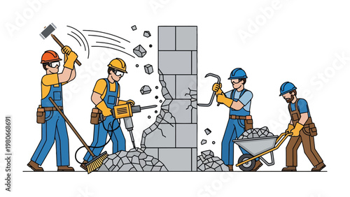 Construction Crew Demolishing a Wall: A team of construction workers is diligently demolishing a concrete wall. Each worker plays a unique role with various tools.
