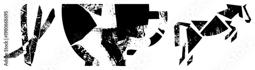 Fragmented black shapes resembling animals and humans, stylized graphic design, bold vector art, textured stencil effect, modern abstract forms.