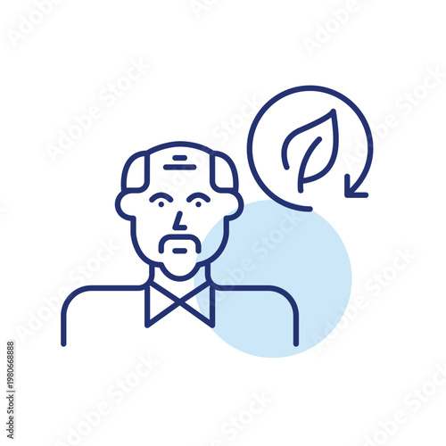Sustainable user, elderly man and leaf in renew arrow. Pixel perfect, editable stroke vector icon