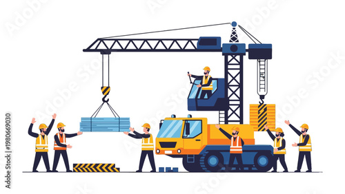 Construction Site Illustration: A vibrant illustration depicts a dynamic construction scene, showcasing the collaborative efforts of workers and the use of heavy machinery.
