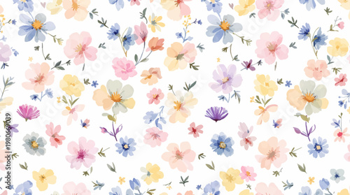 Beautiful botanical design combining flowers and leaves into a soothing and balanced decorative background