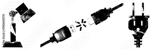 Frayed USB snapping apart, disconnected from monitor and wall plug, tech failure, digital connection loss, electronic malfunction.