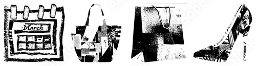 Black and white vector collage of calendar, tote bag, shopping bag, high heel, halftone, retro graphic style, fashion accessories.