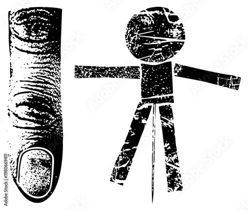 Graphic design featuring a detailed fingerprint and minimalist stick figure, both rendered in high contrast halftone texture, ideal for forensic or abstract illustration.