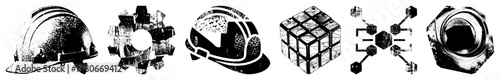 Set of construction tools including hard hat, gear wheel, cube puzzle, network nodes, and bolt nut, rendered in halftone dot, isolated vector graphic for UI design.