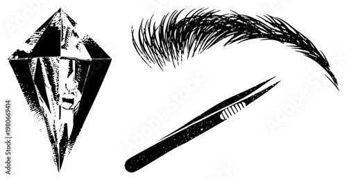 Black and white vector graphic of a stylized diamond containing a face, eyebrow, and precision tweezers, halftone texture, isolated design elements.
