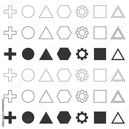 set of geometric editable shapes in a linear style plus, circle, triangle, polygon, gear and square. The design combines minimalistic and playful forms, suitable for UI UX, infographics