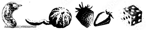Vector graphic of food items and die in halftone style, including eggplant, melon, strawberries, and dice, isolated with textured shading.
