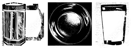 Handcrafted wooden mug with grain, ceramic plate with halftone texture, clear glass tumbler rustic vector, isolated elements, retro print style.