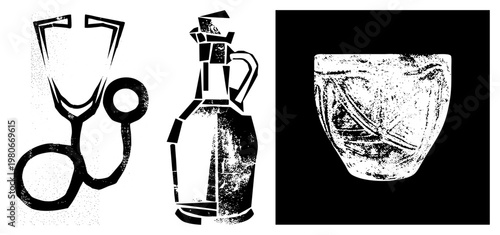Halftone graphic of stethoscope, ceramic jug, and bowl, vector art, medical and historical, textured, stylized artifacts.