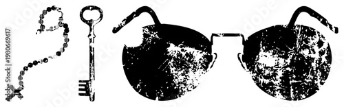 Antique skeleton key and pirate eyepatch goggles, distressed vector graphic, stylized silhouette, design, vintage.