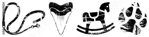 Graphic set of four isolated symbols dog leash, shark tooth, rocking horse, paw print rendered in distressed black vector style, ideal for branding or design projects.