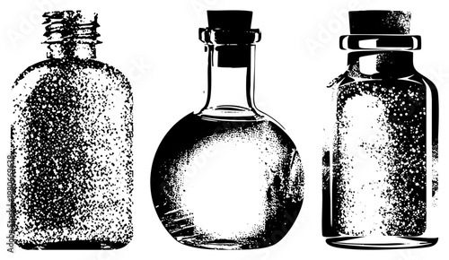 Three antique glass bottles with cork stoppers, halftone texture, vector illustration, vintage apothecary, retro chemistry lab containers, isolated graphic design elements.