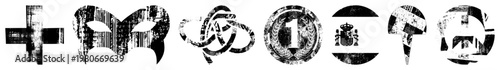 Distressed black vector with grunge texture, plus symbol, mask shape, interlocked knot, coin with number one, Spanish flag, abstract geometric forms.