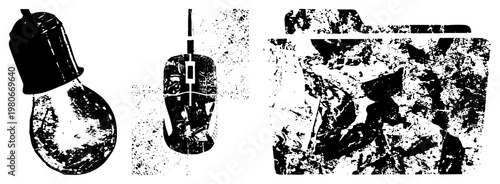 Stylized digital with distressed texture light bulb, computer mouse, folder vector design, tech symbols, digital interface elements, pixelated aesthetic.