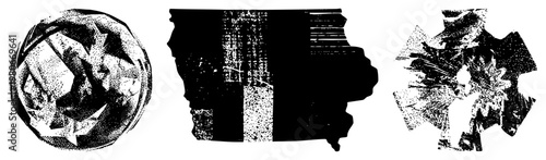 Stylized vector forms rendered in halftone dot, featuring fractured textures and angular compositions, ideal for graphic design or digital art assets.