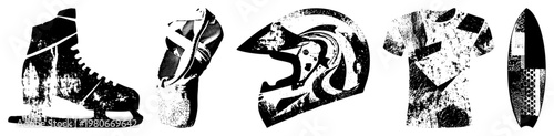 Distressed black and white vector of athletic gear, including ice skate, boot, helmet, t shirt, and surfboard, with gritty texture and bold.