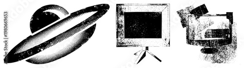 Vintage style halftone UFO, CRT monitor, retro computer, pixelated vector graphics, sci fi tech symbols, design.