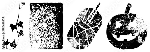 Black and white stencil designs with ivy vines, sunburst motifs, leaf fragments, and carved pumpkin, ideal for DIY decor or printmaking projects.
