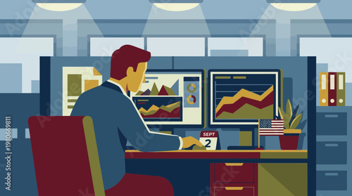 Businessman analyzing financial data on multiple monitors in office