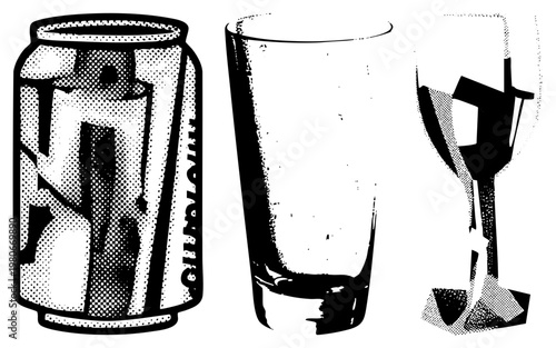 Vector graphic showing soda can, drinking glass, and wine glass with halftone shading, minimalist design, beverage containers, isolated objects, stylized.
