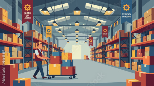 Warehouse Worker Pushing Cart with Packages in Logistics Center