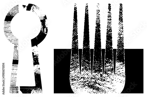 Grungy black keyhole and fork cutouts with halftone shading, vector graphic, stencil, retro design elements, isolated.