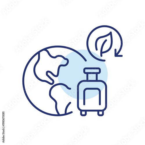 Earth with luggage, leaf and renew arrow. Sustainable travel, green fuel. Pixel perfect, editable stroke vector icon