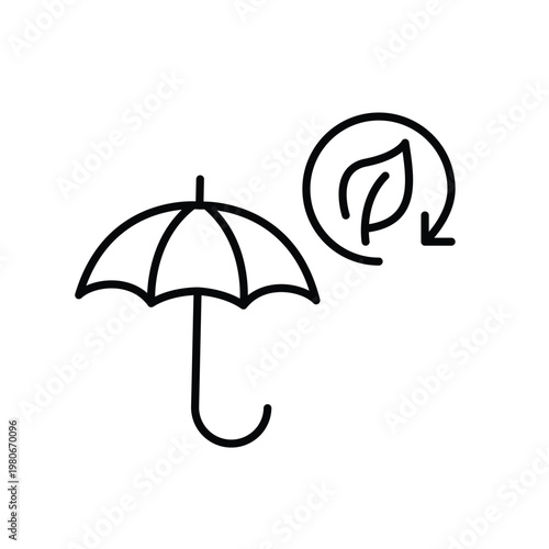 Umbrella, leaf and renew arrow. Sustainable coverage, insurance and eco protection. Pixel perfect, editable stroke vector icon
