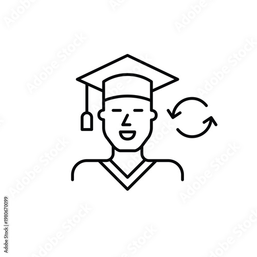 Man in graduation mortarboard and renew arrows. Career cycle, diploma refreshment. Pixel perfect, editable stroke vector icon