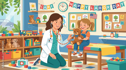 Pediatrician Checking Teddy Bear with Child for Labor Day