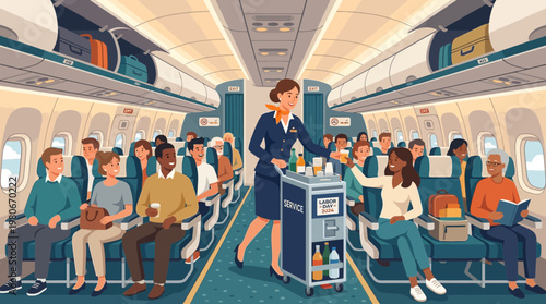 Flight attendant serving passengers in an airplane cabin illustration