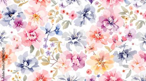 Delicate blossoms and leaves painted softly create calming decorative pattern inspired by gardens today