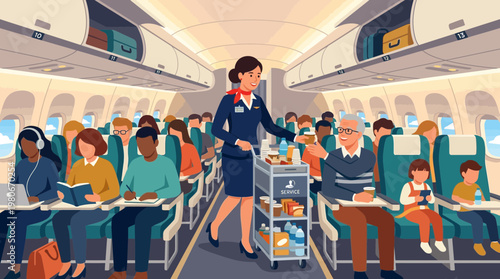 Flight attendant serving drinks to passengers in airplane cabin