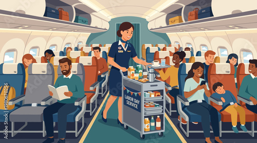 Flight Attendant Serving Passengers on Commercial Airplane for Labor Day