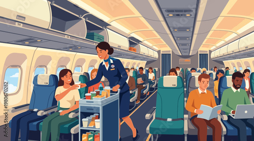 Flight Attendant Serving Passengers in Airplane Cabin Illustration
