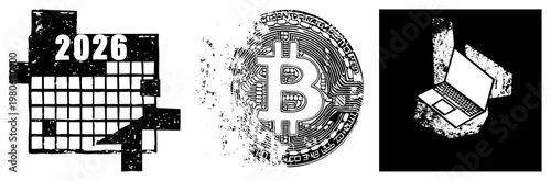 Distressed 2026 calendar, Bitcoin symbol coin, laptop computer, all in gritty halftone style, digital finance, tech tools, crypto currency, vintage vector art.
