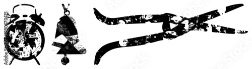 Retro alarm clock, hanging bell, garden shears vector with weathered, gritty texture, ideal for graphic design or print.