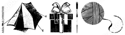 Retro halftone style depicting camping tent, gift with bow, yarn skein, isolated vector, graphic design elements, craft and adventure motifs.