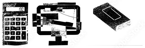 Retro handheld calculator showing “190”, shattered computer monitor with fragmented screen, textured brick with engraved rectangle, all rendered in halftone vector style.