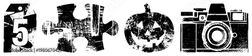 Stylized black jack o lantern, puzzle, camera, number five, distressed texture, graphic design elements, vector art.