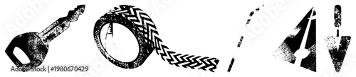 Worn key, duct tape roll, hockey stick, sailboat, shovel gritty vector with texture, isolated elements for design, urban or DIY themes.