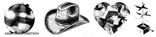 Retro disco ball with halftone shading, classic cowboy hat in style, fragmented heart puzzle, star windmill spinner all isolated vector graphics with alpha channel transparency.