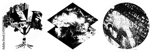 Stylized tree silhouette with halftone texture, geometric diamond shape with grainy, circular frame with dotted texture, vector art, isolated design elements.