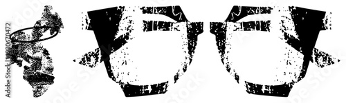 Distressed halftone vector forms with gritty texture, graphic elements, stylized geometric fragments, isolated design assets, digital art.