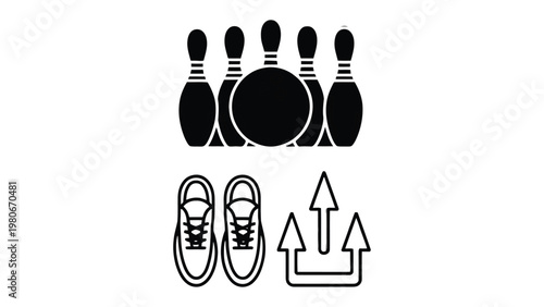 Bowling Essentials Illustration: A detailed illustration showcasing the key components of bowling, with pins, ball, shoes and arrows, perfect for designs