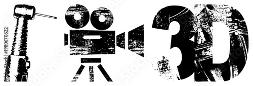 Retro movie camera, 3D lettering with grunge texture, filmmaking symbols, cinema equipment, analog film, cinematic design, vector graphic.