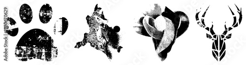 Grungy vector of animal motifs, paw print, wolf silhouette, heart shape, deer head, abstract animal designs, texture.